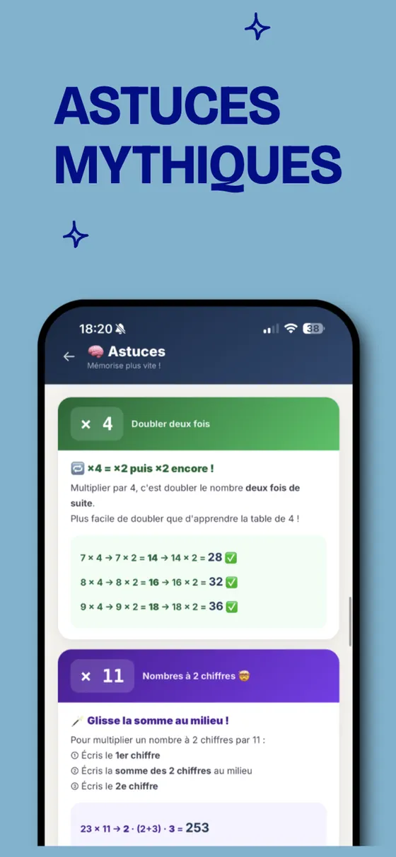 Écran « Astuces » de MULTICHA : doubler deux fois pour la table de 4, et la somme au milieu pour multiplier par 11.